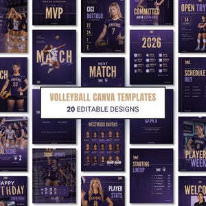 Puede incluir: Una colección de 20 plantillas de Canva editables para voleibol con un esquema de color morado oscuro y dorado. Los diseños incluyen perfiles de jugadores, calendarios de partidos, alineaciones y actualizaciones de marcadores con texto como MVP.