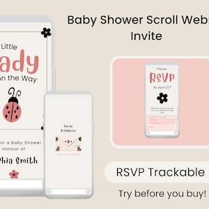 Może przedstawiać: Cyfrowe zaproszenie na baby shower wyświetlone na trzech ekranach smartfonów. Projekt zawiera motyw biedronki z różowym tekstem o treści A Little Lady Is on the Way, Join Us to Celebrate oraz RSVP by April 22nd dla Sophia Smith.