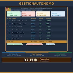 Puede incluir: Panel de control financiero digital con el título "GESTIONAUTONOMO" en texto amarillo. La interfaz muestra ingresos, gastos y beneficios en euros. Una tabla enumera los detalles del cliente, los importes base y el IVA, con un total anual. El precio es de 37 EUR.