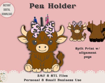 Pen Holder 3D Printer File | Highland Cow with Leopard Print Bow STL 3MF | Commercial Use | Desk Organizer
