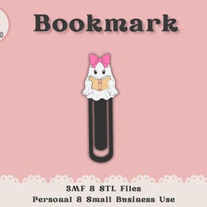May include: A bookmark featuring a white ghost character with a pink bow on its head, holding an open tan book. The ghost is attached to a large black paperclip. The image includes the text Bookmark, Instant Digital Download, 3MF & STL Files.
