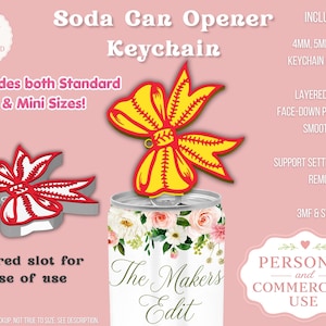 Puede incluir: Un fondo rosa presenta un diseño de llavero abridor de latas de refresco. El diseño incluye un abridor en forma de lazo amarillo y rojo, una lata con diseño floral y el texto "Soda Can Opener Keychain". La imagen también incluye el texto "Includes both Standard & Mini Sizes!"