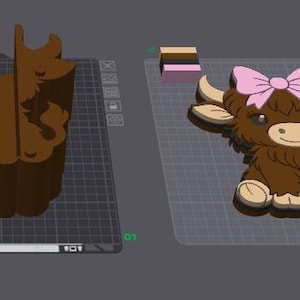 May include: A 3D rendering of a brown Highland cow with a pink bow, and a separate brown object. The cow has tan hooves and horns, and is sitting on a grid. The other object is a brown, stylized shape.