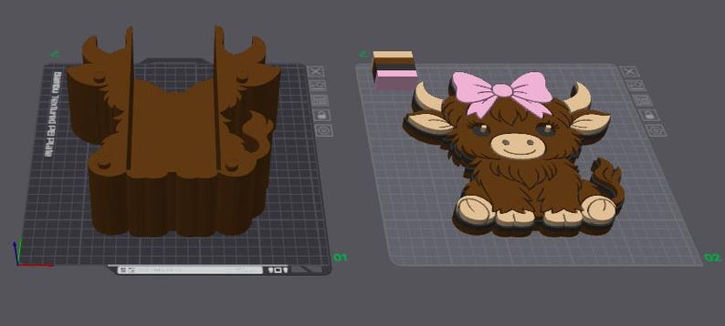 May include: A 3D rendering of a brown Highland cow with a pink bow, and a separate brown object. The cow has tan hooves and horns, and is sitting on a grid. The other object is a brown, stylized shape.