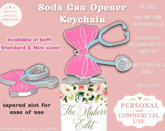 May include: A digital mockup of a soda can opener keychain in the shape of a stethoscope with a pink bow. The can has a floral design and the text "The Makers Edit". The image includes text that says "Available in both Standard & Mini sizes!"
