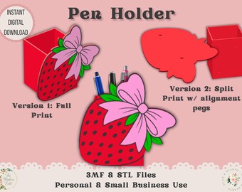 Pen Holder 3D Printer File | Strawberry Coquette Bow | STL 3MF | Commercial Use | Multi-Color 3MF | STL File