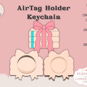 May include: A digital design for an AirTag holder keychain featuring a stack of three books tied with a pink bow. The graphic includes text reading AirTag Holder Keychain, Includes: Concealed Bead Chain Slot & Jump Ring Loop, 3MF & STL FILES.