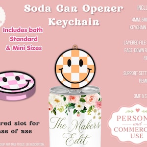 Puede incluir: Maqueta digital de un llavero abridor de latas de refresco con un diseño de carita sonriente. El llavero se muestra en dos tamaños, estándar y mini, e incluye varios tamaños de anilla. El diseño presenta una ranura cónica para facilitar su uso.