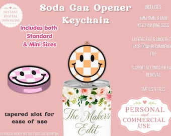 May include: A digital mockup of a soda can opener keychain with a smiley face design. The keychain is shown in two sizes, standard and mini, and includes various keychain ring sizes. The design features a tapered slot for ease of use.