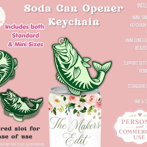 May include: A digital file for a soda can opener keychain shaped like a fish, featuring a tapered slot for use. The design includes standard and mini sizes, 4mm, 5mm, and 6mm ring sizes, a 4mm hole for a beaded chain, and support settings for 3MF and STL files.