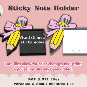 Puede incluir: Dos sujetapapeles con forma de lápiz se muestran sobre un fondo rosa. Los lápices son amarillos con lazos y gomas de borrar rosas. El texto incluye "Sticky Note Holder" y "fits 7.6x7.6 cm notas adhesivas". La imagen también indica "Instant Digital Download".
