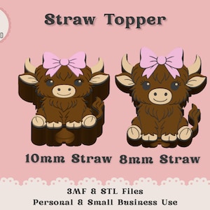 May include: Two brown straw toppers shaped like Highland cows, each with a pink bow. The toppers are designed for 10mm and 8mm straws. The image includes the text "Straw Topper" and "Instant Digital Download".