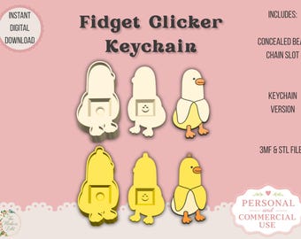 May include: Fidget Clicker Keychain digital download featuring 3D models of a duck wearing a banana peel. Includes a concealed bead chain slot, keychain version, and 3MF and STL files. The design shows a duck in a banana suit in both cream and yellow color variations with a clicker mechanism.