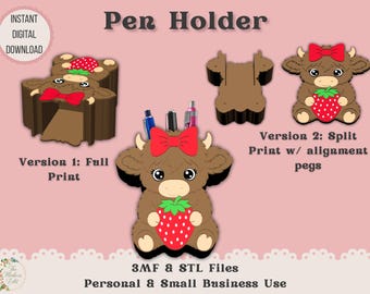 Pen Holder 3D Printer File | Highland Cow with Strawberry & Bow | STL 3MF | Commercial Use | Multi-Color 3MF | STL File