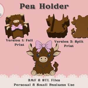 Puede incluir: Imagen de descarga digital de un portalápices marrón con forma de yak de dibujos animados con un lazo rosa. La imagen muestra dos versiones: una impresión completa y una impresión dividida. El texto incluye "Pen Holder", "Instant Digital Download" y "3MF & STL Files".