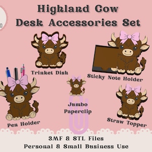 Bundle med tillbehör till skrivbordet Highland Cow 3D-skrivarfil | STL 3MF | Kommersiellt bruk | Flerfärgad 3MF | STL-fil