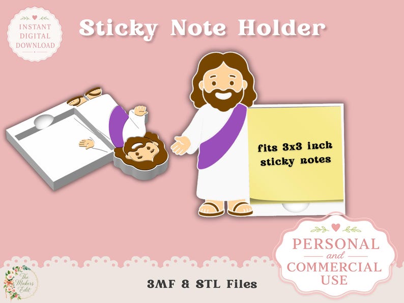 Puede incluir: Un soporte para notas adhesivas blanco con una figura de Jes&uacute;s de dibujos animados, sosteniendo un bloc de notas adhesivas amarillo. La almohadilla est&aacute; dise&ntilde;ada para notas adhesivas de 7,6 x 7,6 cm. La imagen tambi&eacute;n incluye el texto "Sticky Note Holder".