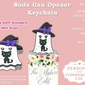 May include: A soda can opener keychain featuring a white ghost wearing a black witch hat with a purple bow, holding a black cat with green eyes. The design includes text: Soda Can Opener Keychain, Includes both Standard & Mini Sizes, Includes: Jump Ring Loop & Concealed Bead Chain Slot, Support Settings for Easy Removal, 3MF & STL Files, Personal and Commercial Use.