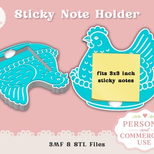 Pode incluir: Dois porta-notas autocolantes turquesa em forma de galinha e peru. O porta-galinhas tem um bloco de notas amarelo que cabe em notas de 7,6 x 7,6 cm. O texto "Sticky Note Holder" está no topo.