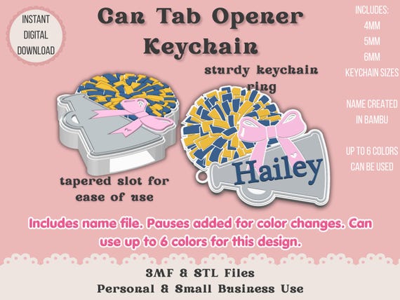 Soda Can Tab Opener Keychain 3D Printer File | Cheer Cone PomPoms Bow | STL 3MF