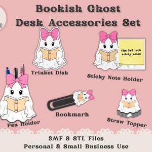 May include: A digital set of Bookish Ghost desk accessories including a trinket dish, a sticky note holder for 3x3 inch notes, a pen holder, a bookmark, and a straw topper. Each item features a white ghost with a pink bow reading a book.