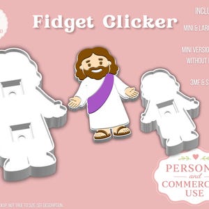 May include: A digital mockup of a Fidget Clicker in the shape of a religious figure, with the text "Fidget Clicker" at the top. The image includes the text "Instant Digital Download" and "Personal and Commercial Use".