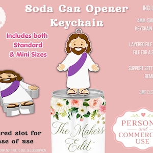 May include: A digital design for a soda can opener keychain. The design features a cartoon figure of Jesus with a purple sash. The design includes both standard and mini sizes. The text includes "Soda Can Opener Keychain" and "The Makers Edit".