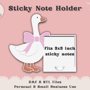 Pode incluir: Um porta-notas autocolantes em forma de ganso branco com um laço rosa, segurando um recipiente retangular branco que cabe em notas autocolantes de 7,6x7,6 cm. O texto "Sticky Note Holder" está no topo, com "Instant Digital Download" num círculo à esquerda.