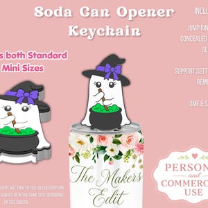 May include: A soda can opener keychain design featuring a white ghost wearing a black witch hat with a purple bow, stirring a black cauldron filled with green liquid. The text reads Soda Can Opener Keychain, Includes both Standard & Mini Sizes.