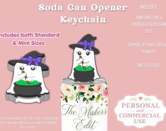 May include: A soda can opener keychain design featuring a white ghost wearing a black witch hat with a purple bow, stirring a black cauldron filled with green liquid. The text reads Soda Can Opener Keychain, Includes both Standard & Mini Sizes.