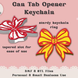 May include: A pink graphic featuring two can tab opener keychains. One is red and white, the other is yellow and red. Text includes "Can Tab Opener Keychain", "sturdy keychain ring", and "tapered slot for ease of use". Includes 4mm, 5mm, and 6mm keychain sizes.
