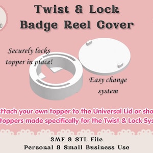 Op de afbeelding: Een witte Twist & Lock badge reel cover met een cirkelvormig ontwerp en een apart deksel. De afbeelding bevat de tekst "Directe digitale download" en "Eenvoudig wisselsysteem". Het product is ontworpen voor persoonlijk en klein zakelijk gebruik.