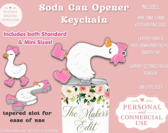 May include: A white goose-shaped soda can opener keychain with pink accents, including a bow and boots. The design includes a tapered slot for ease of use. The image also includes the text "Soda Can Opener Keychain" and "Includes both Standard & Mini Sizes!"