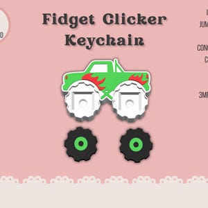 Może przedstawiać: Projekt breloczka typu fidget clicker w kształcie zielonego monster trucka z czerwonymi płomieniami, białymi kołami w kształcie zębatek oraz dwoma oddzielnymi czarnymi okrągłymi oponami z zielonymi środkami. Tekst zawiera Fidget Clicker Keychain, Instant Digital Download, Includes Jump Ring Loop & Concealed Bead Chain Slot oraz 3MF & STL Files.