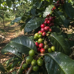 May include: A coffee plant branch featuring clusters of ripening coffee cherries in various stages of development, transitioning from vibrant green to deep red, surrounded by glossy, dark green leaves with visible veins in a natural outdoor setting.