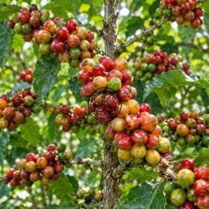 Könnte beinhalten: Ein Kaffeepflanzenzweig voller reifender Kaffeekirschen in leuchtenden Rot-, Orange-, Gelb- und Grüntönen. Die Kirschen sind dicht an den holzigen Stielen angeordnet und von dunkelgrünen Blättern in einer natürlichen Umgebung umgeben.