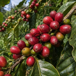 Puede incluir: Un racimo de cerezas de café maduras de color rojo intenso que crecen en una rama con hojas de color verde oscuro. Las cerezas son ovaladas con una pequeña hendidura circular en la punta. Se ve una marca de agua circular con el texto satorucraft.