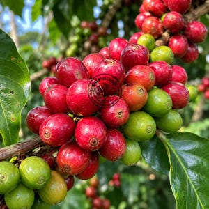 Op de afbeelding: Een tros koffiebessen aan een tak, met een mix van felrode rijpe vruchten en groene onrijpe vruchten. De bessen zijn rond en glad, met een cirkelvormig logostempel met de tekst satorucraft zichtbaar op de centrale rode bes.