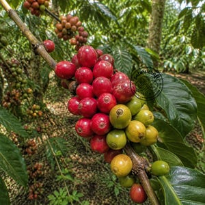 Könnte beinhalten: Ein Kaffeepflanzenzweig voller reifender Kaffeekirschen, die von Grün über Gelb zu tiefem Rot wechseln. Ein kreisförmiges schwarzes Logo mit dem Text saturucraft ist auf einem großen grünen Blatt im Hintergrund zu sehen.