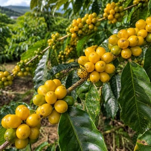 Puede incluir: Racimos de cerezas de café de color amarillo brillante que crecen en una rama con hojas de color verde oscuro. Las cerezas son redondas y lisas, mostrando varias etapas de madurez desde el verde hasta el amarillo. Un logotipo negro circular con texto es visible en la rama.