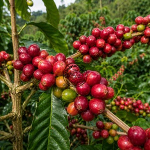 Puede incluir: Una rama de cafeto con racimos de cerezas de café rojas, maduras y brillantes, junto a algunas cerezas verdes sin madurar. Los frutos están unidos a tallos leñosos con hojas puntiagudas de color verde oscuro. Un logo circular es visible.