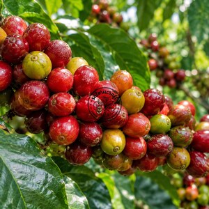 Könnte beinhalten: Eine Ansammlung von Kaffeekirschen an einem Zweig, die eine Mischung aus leuchtend roten und gelben reifenden Früchten zeigt. Die glatten, runden Kirschen sind dicht zwischen dunkelgrünen, glänzenden Blättern angeordnet. Ein kreisförmiges schwarzes Logo mit dem Text Satorucraft ist sichtbar.