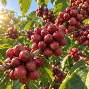 Peut inclure: Une grappe de cerises de café mûres d'un rouge profond poussant sur une branche avec des feuilles vertes. Les fruits ronds à la peau lisse sont densément regroupés le long de la tige ligneuse, révélant leur couleur vive et leur texture naturelle.