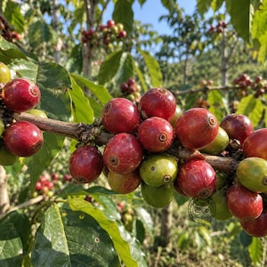 以下が含まれることがあります： 枝に実ったコーヒーチェリーの房で、深みのある赤色と緑色の果実が混ざっています。チェリーは丸く、先端に小さな円形のくぼみがあります。枝は木質で茶色く、日光の下で鮮やかな緑色の葉に囲まれています。
