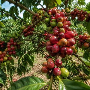 May include: A coffee plant branch laden with clusters of ripening coffee cherries in various shades of red, orange, and green. The smooth, round fruits are densely packed along the woody stems, surrounded by vibrant green leaves in a natural setting.