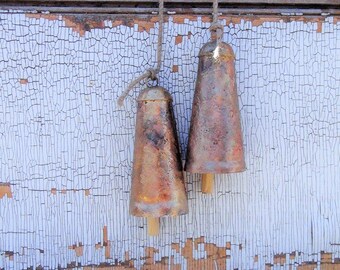 UNICORN BELLS -Two 5" Rustic Gold Cone Shaped Bells w/ Wooden Ringers - For Christmas/Wreath Decor, Wind Chimes, Home Decor