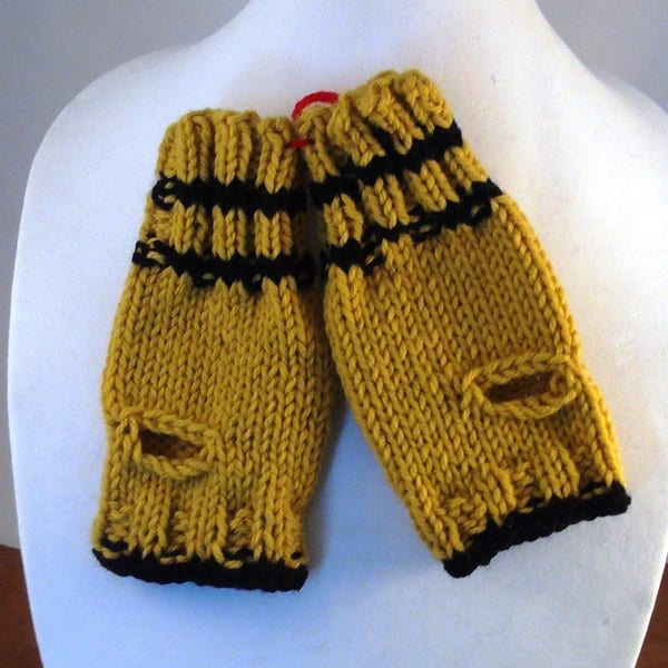 FINGERLESS GLOVES-Hand Knit in Mustard with Black Accents!Texting Mittens for Cold Winter Days, Driving, Shopping, Outdoor Fun, Skiing, etc