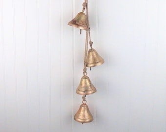 Liberty Bells - Four Flared Bells on Jute - Rustic Gold Bell Hanging for Weddings, Parties, Wall Decor, Door Bells, Garden Decor