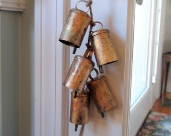 OLD WORLD Bells - 5 Beautiful Rustic Gold Bells in Two Sizes - Wind Chimes, Weddings, Wreaths, Mantle, Craft, Wall Hangings, Macramé, Garden