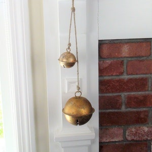 Sleigh Bells - Two Jingle Bells on Jute - Rustic Gold Bell Hanging for Christmas Decor, Wall Decor, Outdoor Decor, Door Bells, Holiday